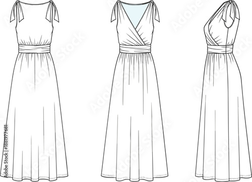 Fashion illustration, technical sketch, long dress, sleeveless gown, shoulder ties, V-neckline, gathered skirt, pleated bodice, side view, back view, front view