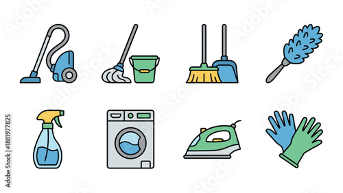Household cleaning and housekeeping icon set. Vacuum cleaner, mop, bucket, broom, dustpan, duster, spray bottle, washing machine, iron, protective gloves. Housework and hygiene vector illustration.