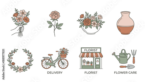 Floral icons set with bouquet, rose, flower arrangement, vase, wreath, florist shop, bicycle delivery, and gardening tools. Vector illustration for florist business, flower care and design.