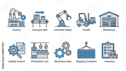 Industrial manufacturing process icons set with factory, conveyor belt, robotic arm, forklift, warehouse, production line, quality control, machinery gear, shipping container, and inventory concepts