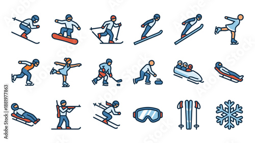 Set of 16 winter sports vector icons. Skiing, snowboarding, skating, hockey, curling, biathlon, bobsleigh, luge. Flat rounded style, winter Olympic sports, uniform design, isolated icons.