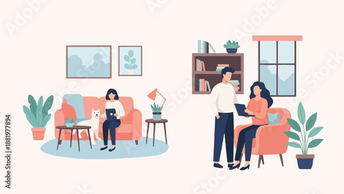 Two scenes show people and pets in cozy home settings