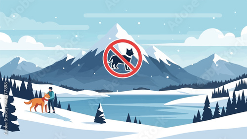 Winter mountain landscape with a person and dog in snow, no pets allowed sign