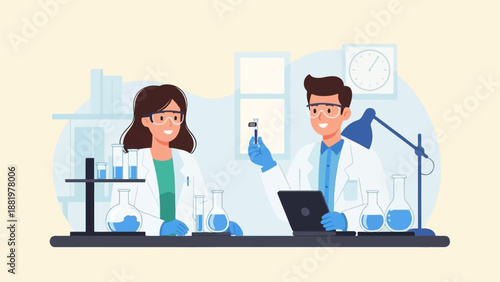 Two scientists in lab coats and safety glasses in a laboratory