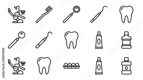 Dental care outline icon set. Dentist chair, toothbrush, toothpaste, tooth, braces, dental tools, mirror, and mouthwash symbols. Minimal linear design for clinic, hygiene, and healthcare concepts.