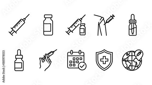 Vaccination syringe and vial icon set. Minimalist line style. Medical injection, immunization, COVID-19 vaccine, healthcare protection and global vaccination concept in editable vector illustration.