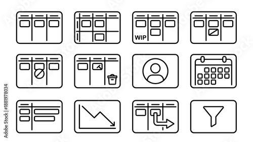 Project management kanban board icons set. Minimalist line art style. Workflow organization symbols. Task management, agile methodology, scheduling, productivity and teamwork vector illustration.