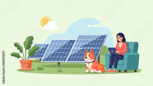 Woman with laptop and dog near solar panels under the sun