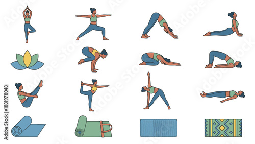 Yoga poses and mats vector icon set. Flat style illustrations of women practicing yoga positions, meditation, stretching, pilates, and fitness exercises with mats and lotus symbols on white background