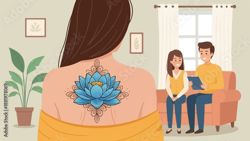 Woman with lotus tattoo and man with clipboard talking to girl on couch