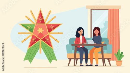 Two women working on laptops in a living room with a large parol decoration