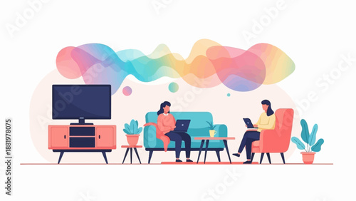 Two women working on laptops in a living room with a TV and abstract art