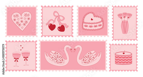 Valentine's Day and wedding post stamps  featuring hand-drawn swans filled with glasses, cakes, flowers, cherries with a bow, and a heart. . A collection of vector postage stamps in a coquette  style.