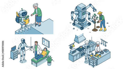 Isometric vector illustration set of robots assisting humans in everyday life scenes — healthcare support, elderly aid, cooking collaboration, and agriculture technology automation concept