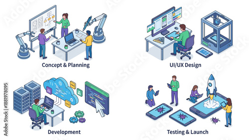 Isometric mobile app development process vector set illustrating concept and planning, UI UX design, programming, testing and launch stages on clean white background, digital workflow concept