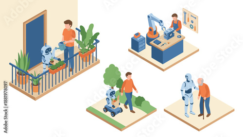 Isometric vector set of robots assisting humans in everyday life, automation and AI technology helping with gardening, healthcare, delivery, and manufacturing in futuristic smart society illustration