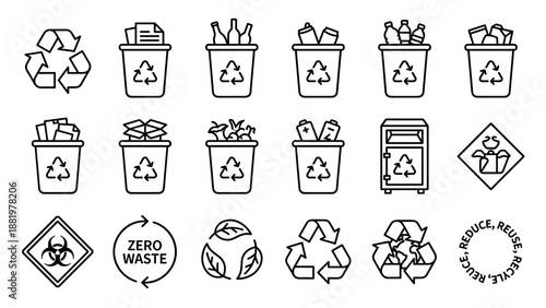 Minimalist recycling and waste management icon set. Vector line art collection of 16 eco symbols including recycle bins, zero waste, biohazard, compost, reduce reuse recycle, sustainability concept.