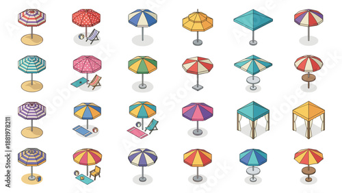 Isometric summer beach umbrella icon set with colorful striped parasols, deck chairs, and holiday equipment arranged in neat grid. Vector illustration for travel, resort, and vacation design concepts.