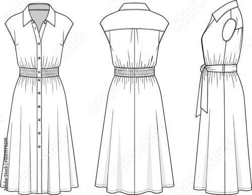 Fashion illustration, technical sketch, shirt dress, sleeveless design, collared neckline, button placket, gathered waist, flared skirt, side view, front view, back view
