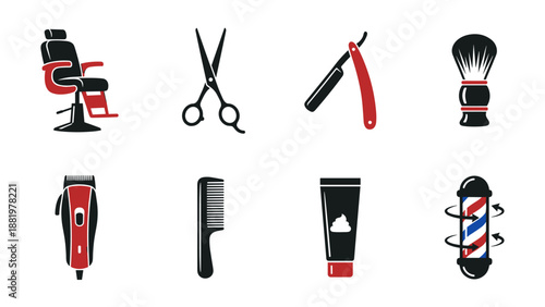 Barbershop icons set. Barber chair scissors razor brush clipper comb pole. Hair salon tools. Men grooming equipment. Stylist accessories. Vector illustration. Haircut shave symbols.