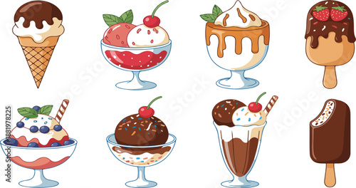 Colorful Ice Cream Vector Set – Cones, Sundaes, Popsicles, and Fruit Toppings