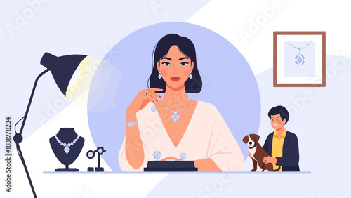 Woman admiring sparkling jewelry with man and dog nearby