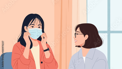 Woman adjusts face mask while conversing with a smiling friend