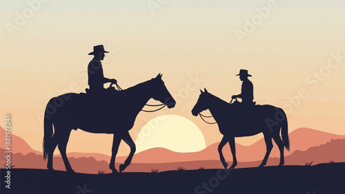 Two silhouetted cowboys on horseback ride across a desert landscape at sunset