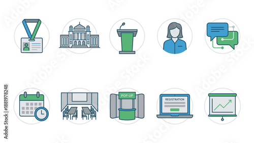Conference and event icons set. Business meeting seminar symbols. Workshop presentation. Badge venue podium attendee networking schedule. Corporate communication vector graphic.