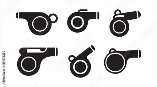 Black Whistle Icons Set for Sports Referee Emergency and Warning Symbols
