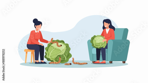 Two women interacting with cabbages and worms in a stylized scene