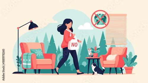 Woman with "NO" bag walks past chairs and dogs, forest background