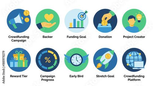 Crowdfunding icons. Business startup campaign money investment backer funding goal donation project creator. Financial support charity fundraising. Venture capital launch concept.