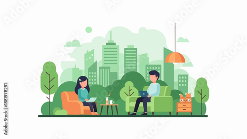 Two people working on laptops on sofas in a park with city skyline