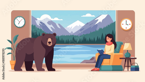 Woman and bear observe mountain lake from cozy room
