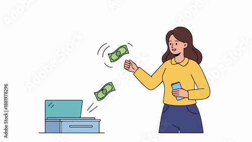 Woman with phone watches money fly from laptop to her hand