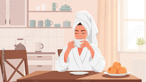 Woman with towel turban and robe drinks coffee in a kitchen