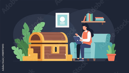 Woman with tablet near treasure chest, sofa, and bookshelf