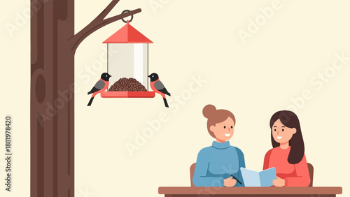 Two women observe birds at a feeder while studying