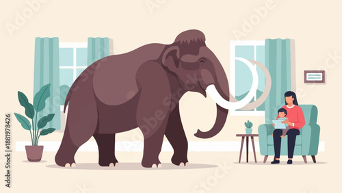 Woman and child read with a mammoth in their living room