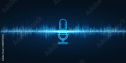 Glowing digital audio waveform on dark blue background with dynamic sound signal visualization, representing music technology data rhythm and modern audio communication concept.