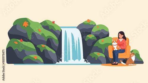 Woman with two dogs relaxes by a scenic waterfall in autumnal nature