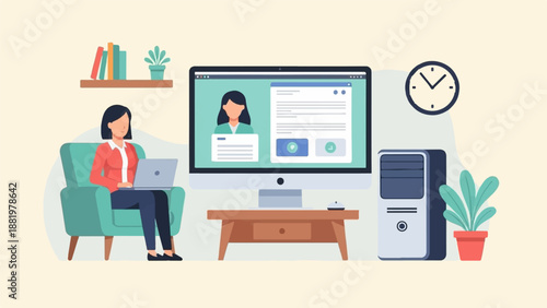 Woman working on laptop at home office setup