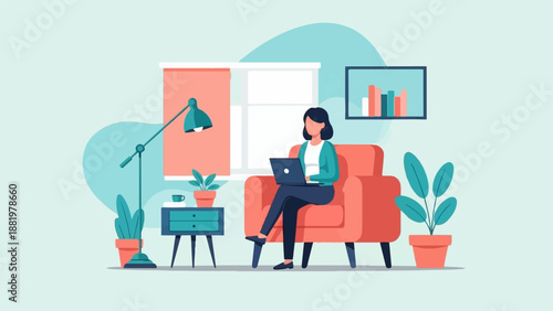 Woman working on laptop in a cozy armchair at home