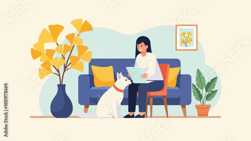 Woman and white dog in a living room with plants and artwork