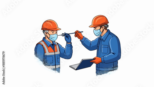 Two workers in hard hats and masks examine a device, one holds a clipboard