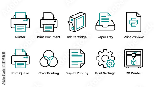 Printing icons set. Vector line symbols. Printer machine, ink cartridge, paper tray, document queue, print preview. Office technology equipment. Concept management. Settings gear sign.