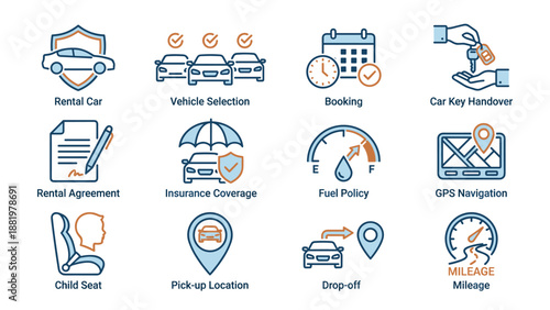 Car rental service icons set with vehicle selection, booking process, car key handover, insurance coverage, fuel policy, GPS navigation, mileage, child seat, pick-up and drop-off locations