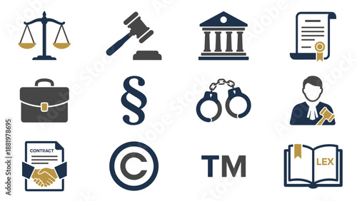 Set of 12 legal and law icons including scales of justice, gavel, courthouse, contract, paragraph symbol, lawyer, handcuffs, briefcase, copyright, trademark, and legal document illustration