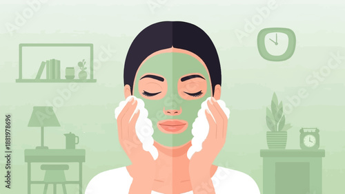 Woman applying a facial mask with foamy hands in a room